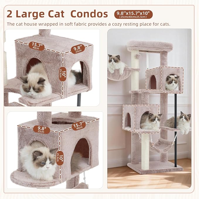 Cat Tree Tower with Sturdy Steel Tube for Indoor Cats GCT014MU | 51.2'' Cat Furniture with Scratching Posts, Hammock, Basket and Padding Top Platform for Inoor Cats Large Adult, Mushroom