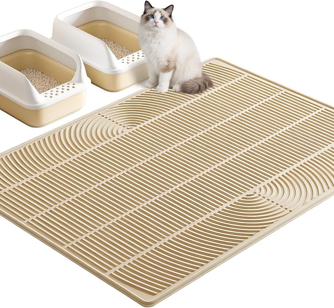 TRZZ XXL Cat Litter Mat, Large Silicone Waterproof Mat, Khaki | Non-Slip, Easy to Clean, Cat Litter Trapping Mat, Kitty Litter Catcher, Scatter Control, for Floor