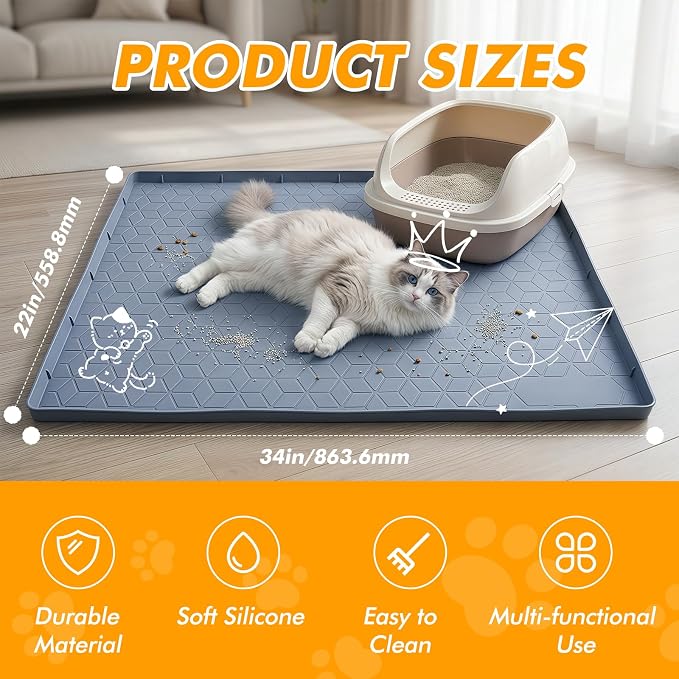 Cat Litter Mats for Floor, 34"x22" Silicone Litter Box Mat with Raised Edges, Highly Effective Litter Trapping Mat for Scatter Control, Non-Slip Waterproof Pad, Easy to Clean & Pet Friendly, Gray