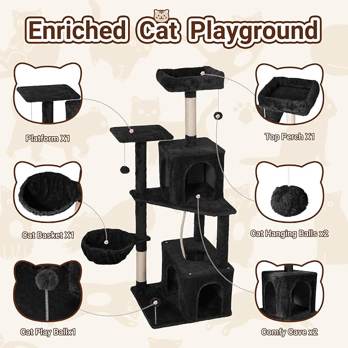 54 Inch Multi-Level Cat Tree Tower with Hammock, Condos & Scratching Posts, Large Cat Furniture for Indoor Cats with Pompoms, Black