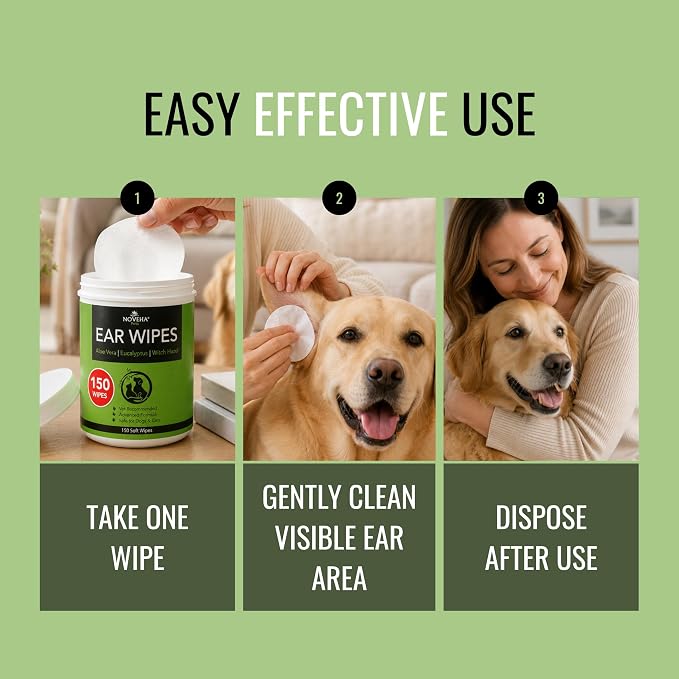 NOVEHA 300PCs Dog Ear Cleaner Wipes, Daily Ear Cleaner for Dogs & Cats - Stop Ear Itching with Aloe, Eucalyptus & Witch Hazel Ear Wipes for Dogs - for Odor Control, Dirt and Wax Removal, Unscented