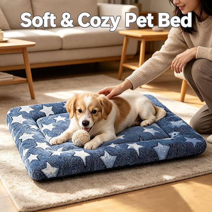Dog Bed Mat - Comfortable Dog Kennel Pad, Multi-Purpose Crate Bed Mats for Dogs & Cats (NavyBlue&Stars, 24.0" L x 18.0" W x 1.5" Th)