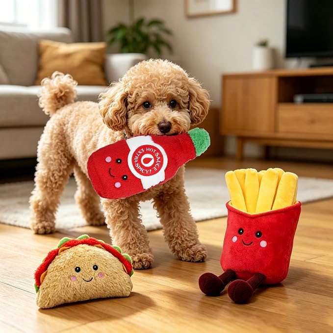 3-Pack Squeaky Dog Toys Funny Taco Plush Dog Chew Toys Set with Built-in Squeakers, Interactive Stuffed Pet Toys for Small Medium Large Dogs