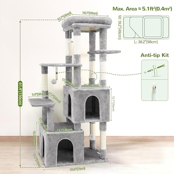Globlazer Cat Tower for Indoor Cats, Heavy Duty Cat Trees for Large Cats Adult Big Cats Maine Coon Cat Tree Tower with Scratching Post, Extra Large Top Perch, Cat Condos, F61, Light Grey, 61inch | Cat Tower for Indoor Large Adult Cats with Scratching P...