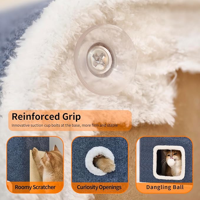 Cat House, Cat Beds for Indoor Cats, 3-Story Cat Condo Cube | Cat Bed Cave with Scratch Pad and Fluffy Ball Hanging, Multi-Level Cozy Hideout Center Ideal for Small/Medium Cats
