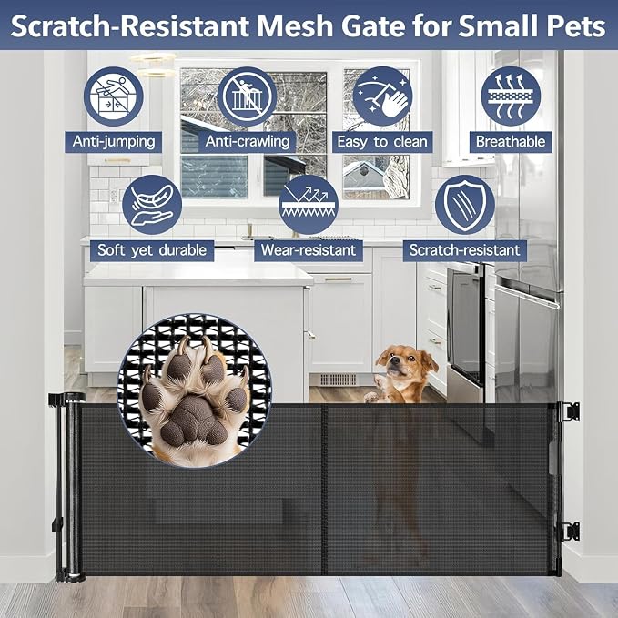 Reinforced 18 Inch Tall Retractable Dog Gate for Stairs, 55" Wide Step Over Pet Gate for Doorways, Small Pet Gate Retractable Gate Indoor/Outdoor Short Gate for Small Dogs - No Bottom Squeeze, Black