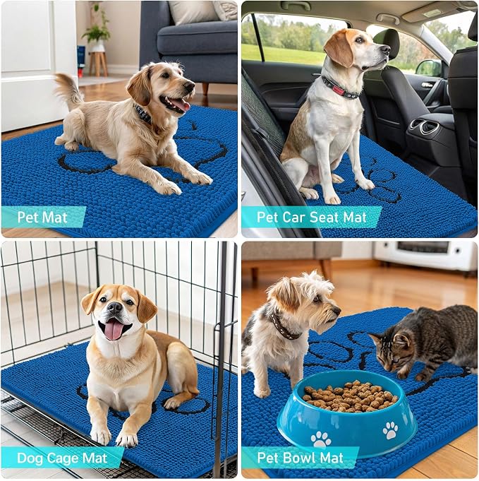 OLANLY Dog Door Mat for Muddy Paws 30x20, Paw Print Design Chenille Mud Mat | Deep Navy Blue, Absorbent, Traps Moisture and Dirt, Non-Slip Washable Doormat, Quick-Dry Indoor Entryway Carpet for Dogs