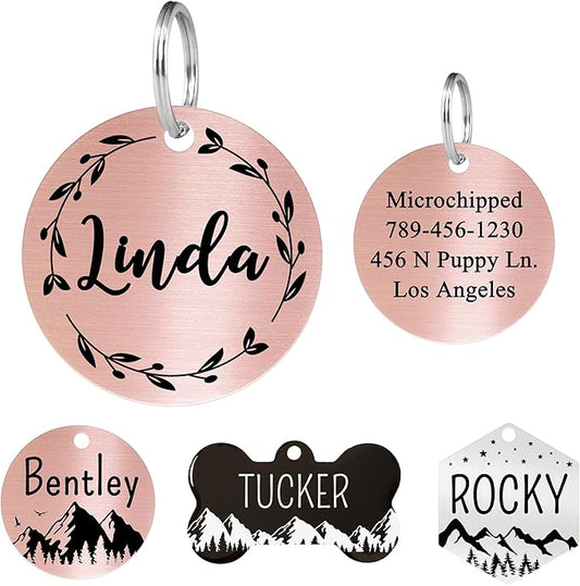 Ultra Joys Personalized Stainless Steel Dog and Cat Tags, Front and Back Engraving, Round Tag with Vine Design, Rose Large
