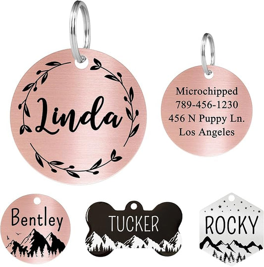 Ultra Joys Stainless Steel Pet ID Tag Dog Name Tags Personalized Front and Back Engraving, Customized Dog Tags and Cat Tags, Optional Engraved on Both Sides, Round Tag Vine Design, Rose Small