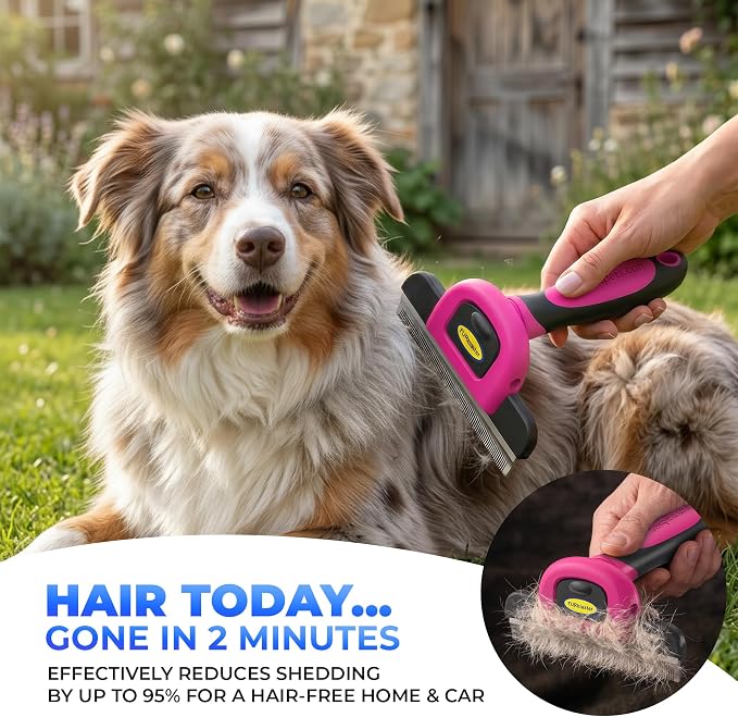 DakPets Stainless Steel Pet Deshedding Tool - Grooming Brush for Cats and Dogs, Removes Trapped Hair, Reduces Shedding by Up to 95%, All Hair Types, Includes Protective Blade Cover, Pink, 4 inches