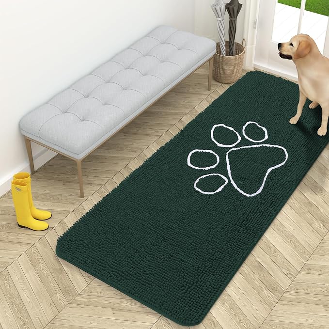 OLANLY Dog Door Mat for Muddy Paws 59x24, Paw Print Design Chenille Mud Mat | Blackish Green, Absorbent, Traps Moisture and Dirt, Non-Slip Washable Doormat, Quick-Dry Indoor Entryway Carpet for Dogs