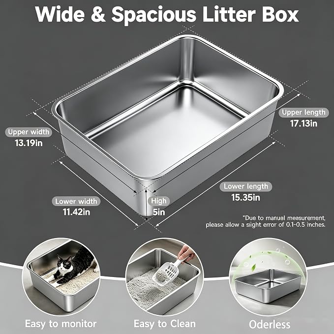 Stainless Steel Litter Pan Open Top Low Entry Easy Cleaning Anti-Urine Leakage Non-Sticky Odor Free Metal Litter Box