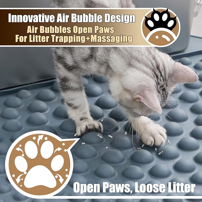 PetPals Silicone Cat Litter Trapping Mat, 32" Round Air-Bubble Litter mat | Waterproof & Non-Slip Litter Catcher, Self-Cleaning Litter Box Mat, Large Litter mat for Automatic Litter Box, Grey