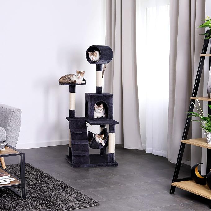 lionto Scratching Tree for Cats with Hammock & Tunnel, Height 52,4 in, cat Tree with sisal Rope & Soft Plush, Cozy Lying Areas & Caves, Suitable for Small & Large Cats, Dark Gray