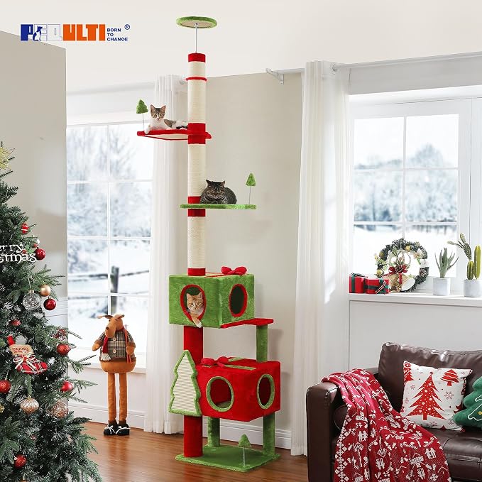 PEQULTI 90.9''-107.8'' Floor to Ceiling Cat Tree for Large Indoor Cats, Tall Christmas Cat Tower with 2 Spacious Condos, Bow Toy and Sisal-Covered Scratching Post & Pad Red/Green