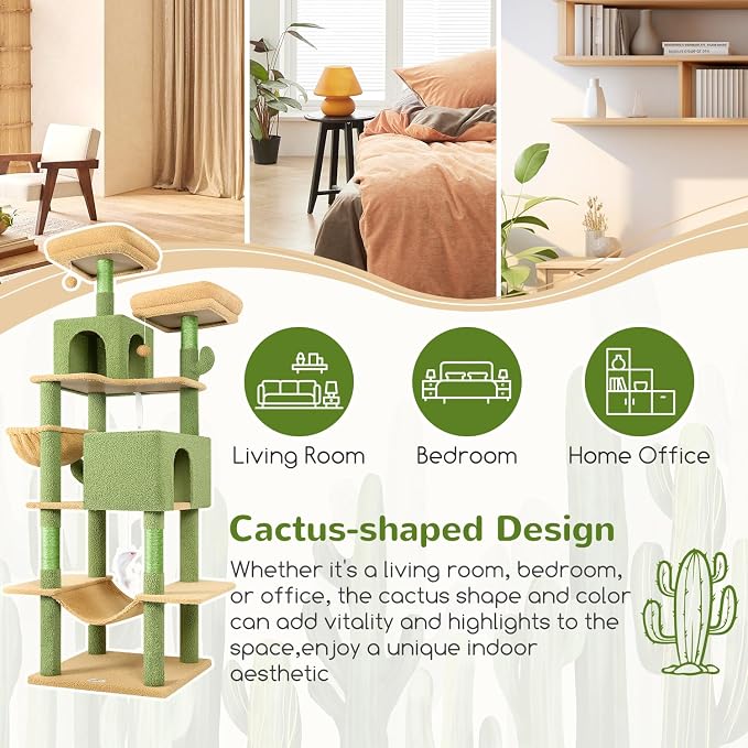 Globlazer Extra Tall Cat Tree Tower for Indoor Cats, 76in, F76, Cactus | Multi-Level Cat Furniture with Cozy Condos,Hammock and Perches for Large Adult Cats, Perfect for Climbing, Scratching