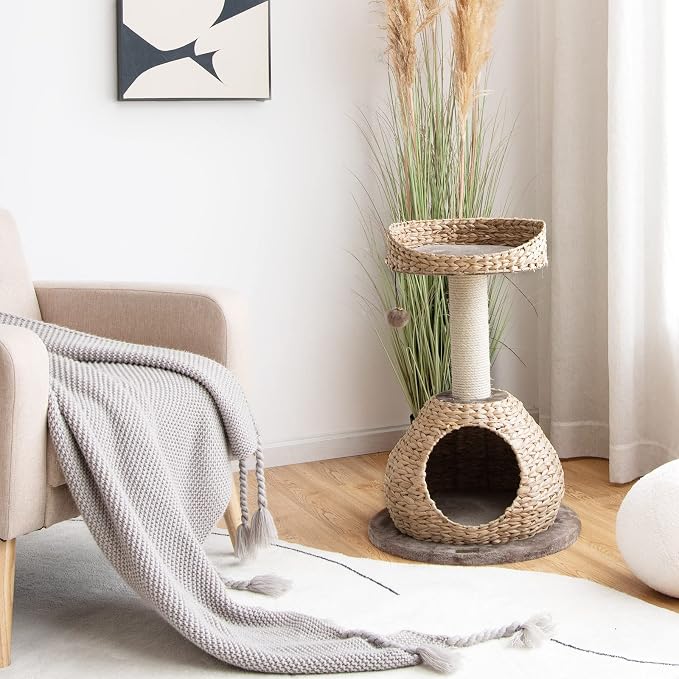 Modern Cat Tree Tower, Paper Rope Natural Bowl Shaped with Perch, Scratching Post, Rattan Cat Activity Tree for Kittens, 28" Tall