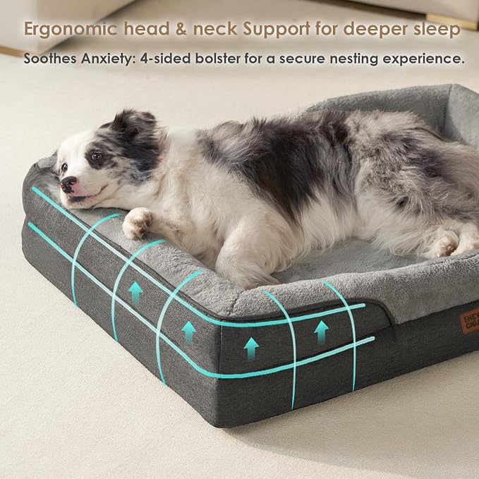 EHEYCIGA Orthopedic Dog Bed for Large Sized Dog, 41x27 Inch Large Memory Foam Dog Couch Bed with Sides, Waterproof Liner & Washable Removable Cover, Bolster Pet Sofa, Grey