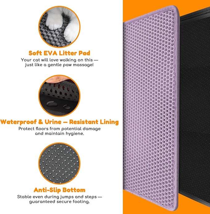 Cat Litter Mat 47"x27",Double Layer EVA Litterbox Mat Purple | Extra Large Honeycomb, Waterproof & non-slip, Odor-free, easy clean, washable durable floor protector,scatter control