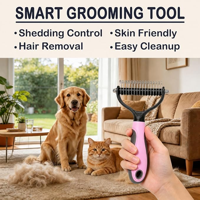 Pet Grooming Brush - Double-Sided Dematting Comb & Deshedding Tool for Dogs and Cats, Effortless Hair Removal, Ideal for Long-Haired Breeds, Reduce Shedding (1, Pink, Large)