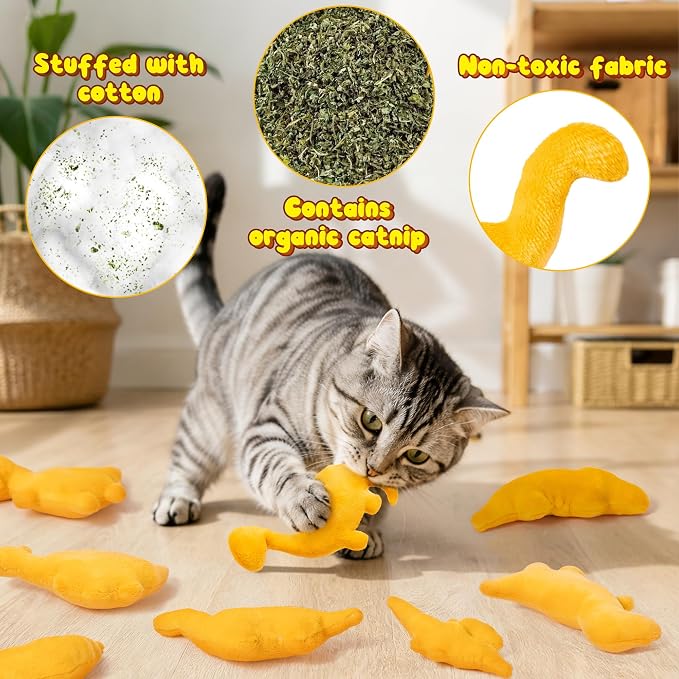 8Pcs Dino Nuggets Catnip Toys for Cat, Interactive Catmint Cat Toy Gift | Soft Cotton, Durable for Chew Kick, Catnip Filled Dinosaur Chicken Nugget Indoor Kitten for Boredom Exercise Play