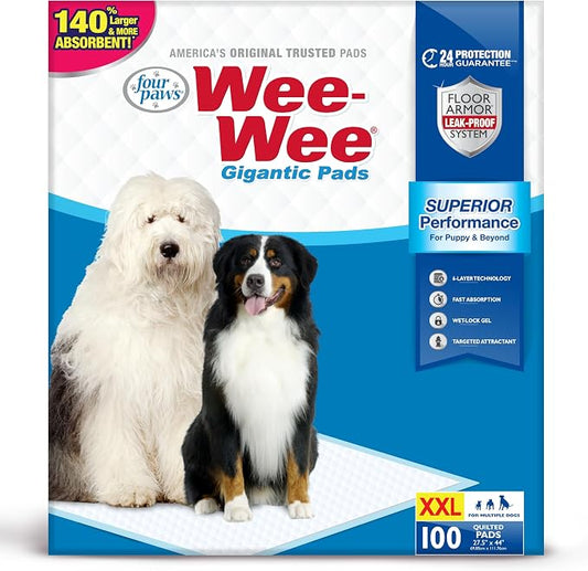 Four Paws Wee-Wee Superior Performance Pee Pads for Dogs with Runoff Barrier Edge Guard Protection, Puppy & Dog Potty Training Pads, Housebreaking Pet Supplies, 27.5" x 44" (100 Count)
