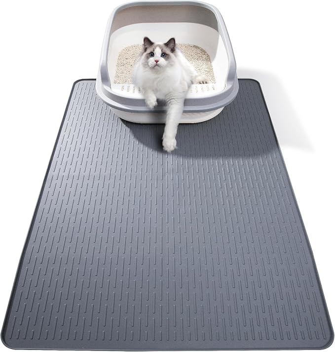 Silicone Cat Litter Mat 34 x 22 in, Waterproof Raised Edge, Gray | Quick-clean silicone, traps litter, stain and odor resistant, non-slip base, for litter box or feeding area