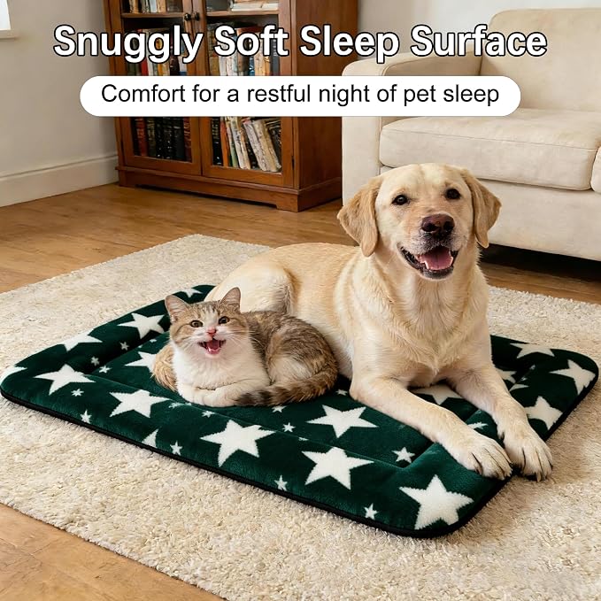 Dog Bed Mat – Soft & Comfortable Dog Kennel Pad for Crate – Durable Crate Bed & Mat for Dogs & Cats – Ideal for Crate, Kennel, and Home Use (Big&Little Stars Green, L(35"*23"*1.5"))