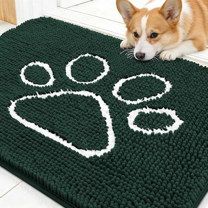 OLANLY Dog Door Mat for Muddy Paws 30x20, Paw Print Design Chenille Mud Mat | Blackish Green, Absorbent, Traps Moisture and Dirt, Non-Slip Washable Doormat, Quick-Dry Indoor Entryway Carpet for Dogs