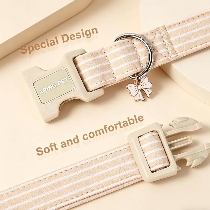 ARING PET Stripe Dog Collar, Cute Spring Summer Khaki Stripe Pet Collars with Bow Charm for Puppy Small Medium Large Boy Girl Dogs, for Daily Outdoor Walking Beach Stroll-XS