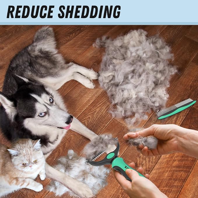 Docrok Pet Grooming Brush and Metal Comb Combo, Cat Brush Dog Brush for Shedding, Undercoat Rake for Dogs Grooming, Dematting Deshedding Brush Dogs Shedding Tool for Long matted Haired Pets, Green