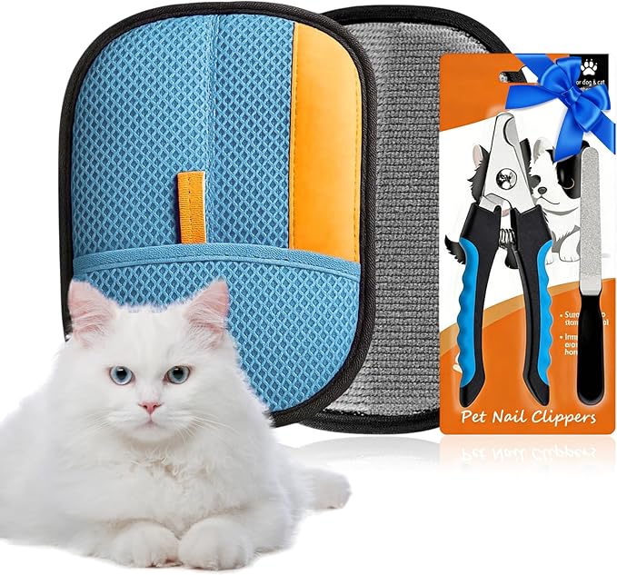 Pet Grooming Glove Set for Dogs & Cats – Premium Pet Hair Removal Glove with Free Nail Clippers & Nail File