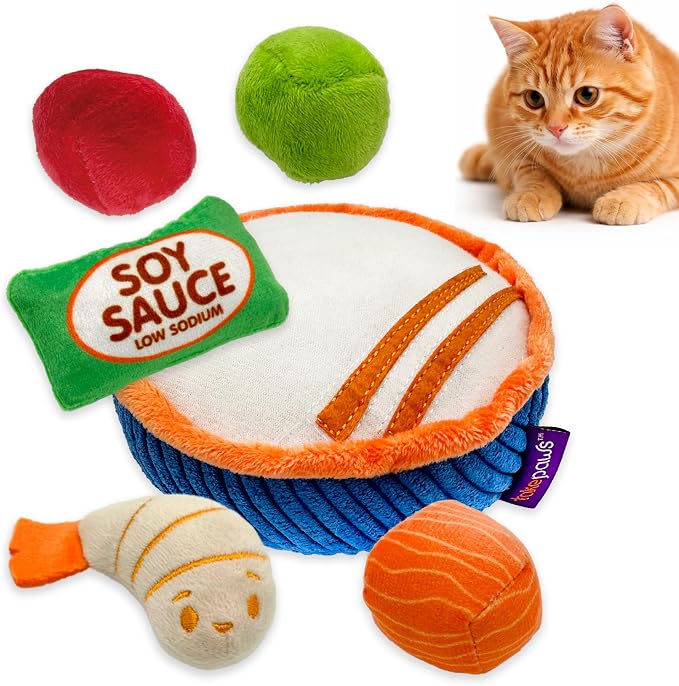 Pounce & Purr Sushi Cat Toys with Catnip & Silvervine 6-Piece Plush Set for Indoor Cats & Kittens, Kitten Chew Toy, Kicker & Boredom Relief - Poké Bowl Playset
