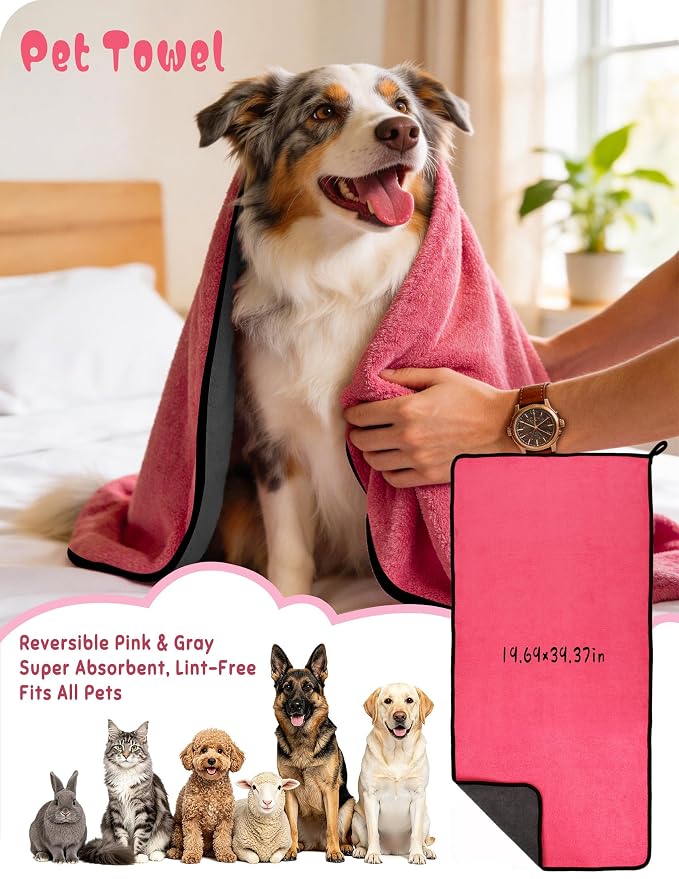 Dog Bathing Supplies Pet Grooming Set Kit, Bath Washing Gloves, Towels, Shampoo Bath Brush, Finger-Sleeve Toothbrush, Pet Washing Kit, Suitable for Dogs and Cats 9-Piece (Pink)