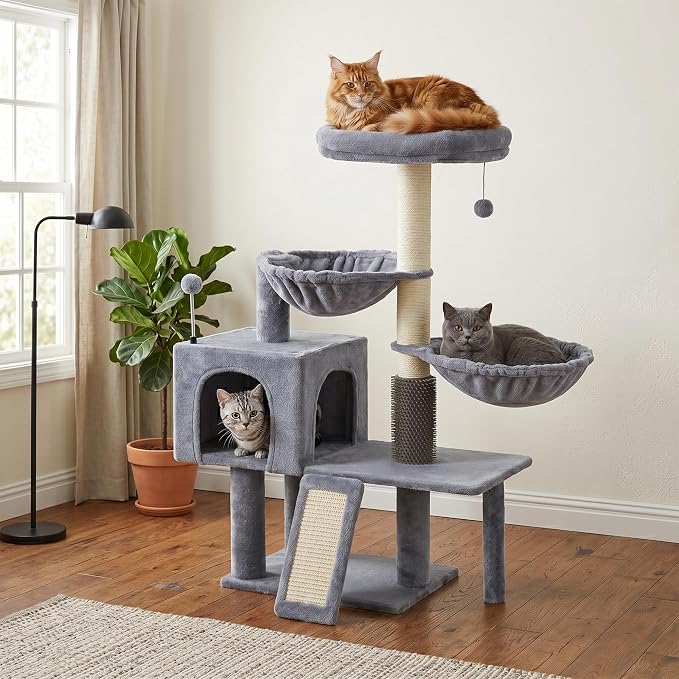 Smouatou Cat Tree with Cat Condo and Two Hammocks, Cat Tower with Scratching Posts and Scratching Pads Cat Toys, Grey