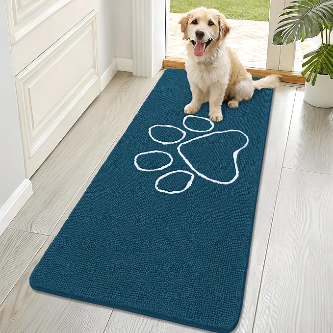 OLANLY Dog Door Mat for Muddy Paws 70x32, Paw Print Design Chenille Mud Mat | Atlantic Blue, Absorbent, Traps Moisture and Dirt, Non-Slip Washable Doormat, Quick-Dry Indoor Entryway Floor Carpet for Dogs