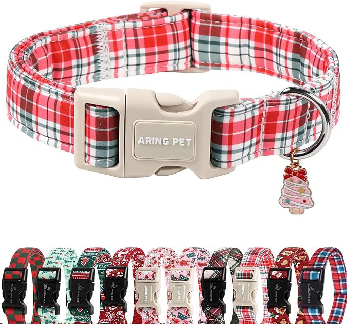 ARING PET Christmas Dog Collar, Cute Red Green Pink Grid Plaid Pets Collars for Puppy Small Medium Large Girl Boy Dogs-M