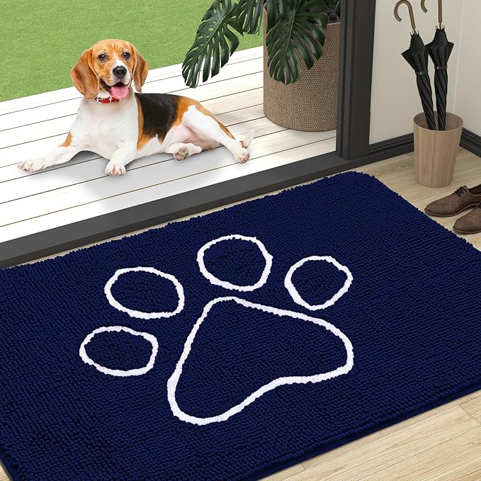 OLANLY Dog Door Mat for Muddy Paws 47x32, Paw Print Design Chenille Mud Mat | Navy Blue, Absorbent, Traps Moisture and Dirt, Non-Slip Washable Doormat, Quick-Drying Indoor Entryway Floor Carpet for Dogs