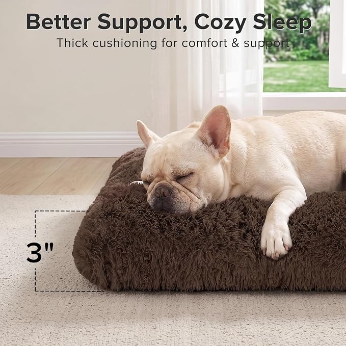 JOEJOY Dog Bed Crate Pad, Deluxe Plush Washable Dog Beds Fulffy Soft Kennel Pad Anti-Slip Pet Sleeping Mat for Small Dogs，23" x 18", Brown