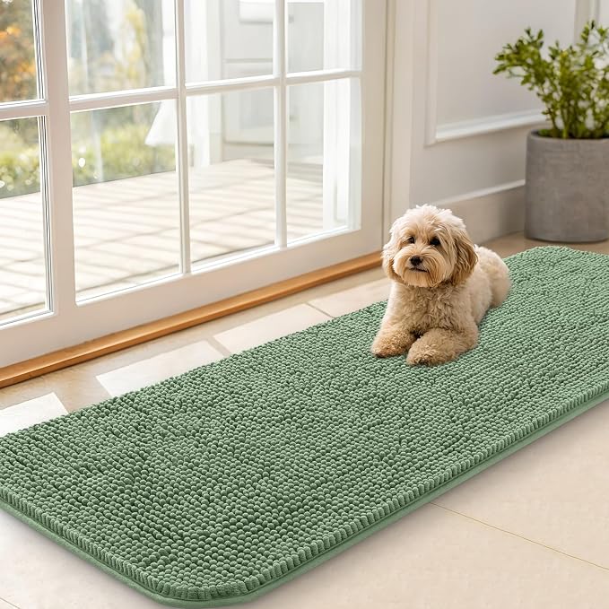 OLANLY Dog Door Mat for Muddy Paws 59x20, Super Absorbent Chenille Mud Mat | Olive Green, Absorbs Moisture and Dirt, Non-Slip Machine Washable Doormat, Quick-Drying Indoor Entryway Floor Carpet for Dogs