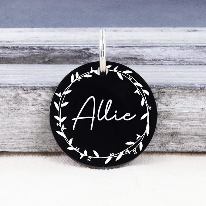 UltraJoys Stainless Steel Pet ID Tag Dog Name Tags Personalized Front and Back Engraving, Customized Dog Tags and Cat Tags, Optional Engraved on Both Sides, Round Tag with Vine Design 2, Small Black
