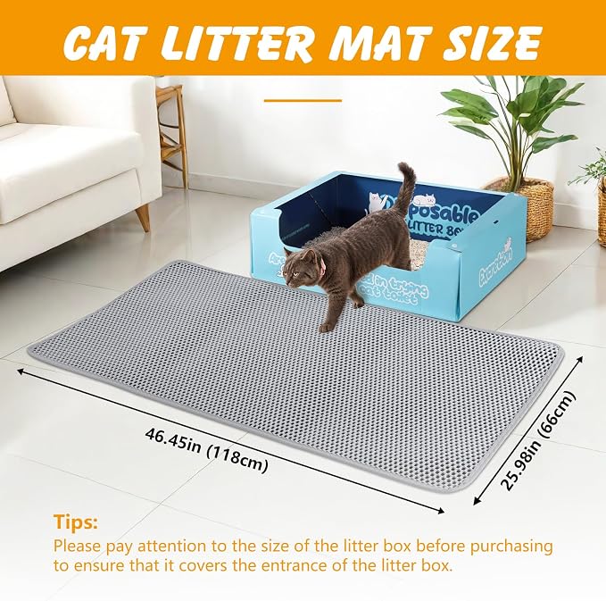 ondware Cat Litter Mat, Double Layer Waterproof EVA, 46 x 26 Inch, Gray | Honeycomb litter trap, urine-proof backing, soft on paws, easy to shake clean or rinse, non-slip design