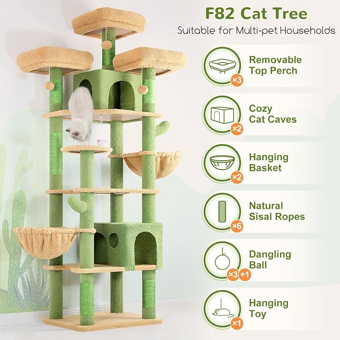 Globlazer Cactus Cat Tree Tower for Multiple Adult Cats, 82in, F82, Green | XXL Tall Cat Tree Tower for Indoor Cats with Scratching Post, 3 Perches, 2 Condos, 2 Hanging Baskets