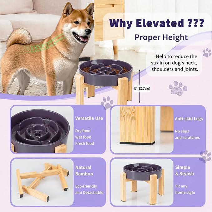 Elevated Slow Feeder Dog Bowl Large Breed, 8.8 Inch Ceramic Slow Eating Bowl with Bamboo Stand, Anti-Choking Raised Maze Design for Medium to Large Dogs, 3.2 Cup, Purple