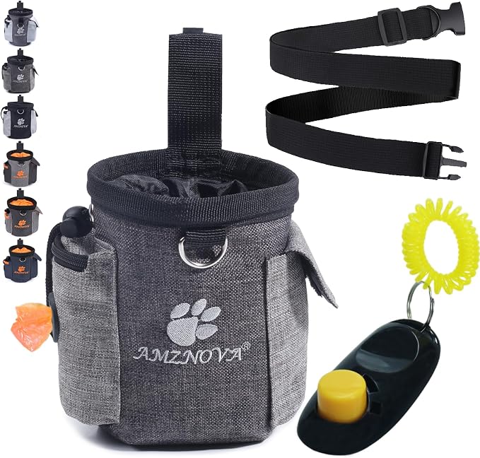 AMZNOVA Dog Treat Pouch Treatnow Dog Treat Bag, 3 Cups, Heather Coffee | Training Pouch with Waist Belt & Clicker for Training & Walking, Waist Clip On Snack Fanny Pack for Pet