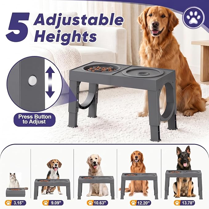 XIAZ Elevated Dog Bowls Large Breed Raised Dogs Bowl Stand Large/Medium Sized Dog Slow Feeder Dogs Bowls Food Water Stands 5 Heights Adjustable 9/11/12/14in Pet Feeder Dish Station