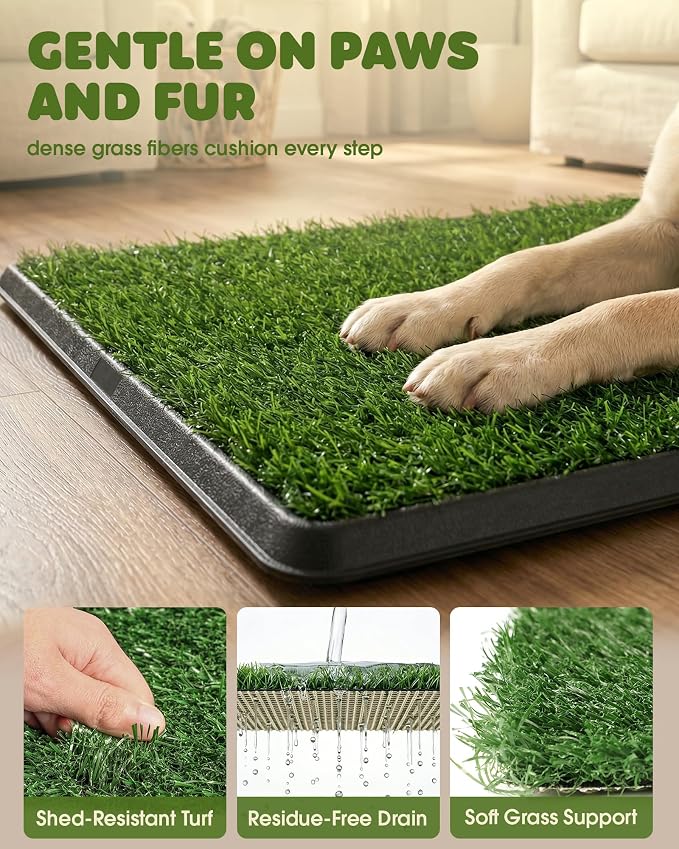 Powools Grass Pad for Dogs Potty - 3-Layer Reusable Dog Grass Pad with Tray, Washable Artificial Grasses Dog Potty Tray with Drainage Holes, Indoor & Outdoor Grass Pee Pad for Dogs, 30" x 20"