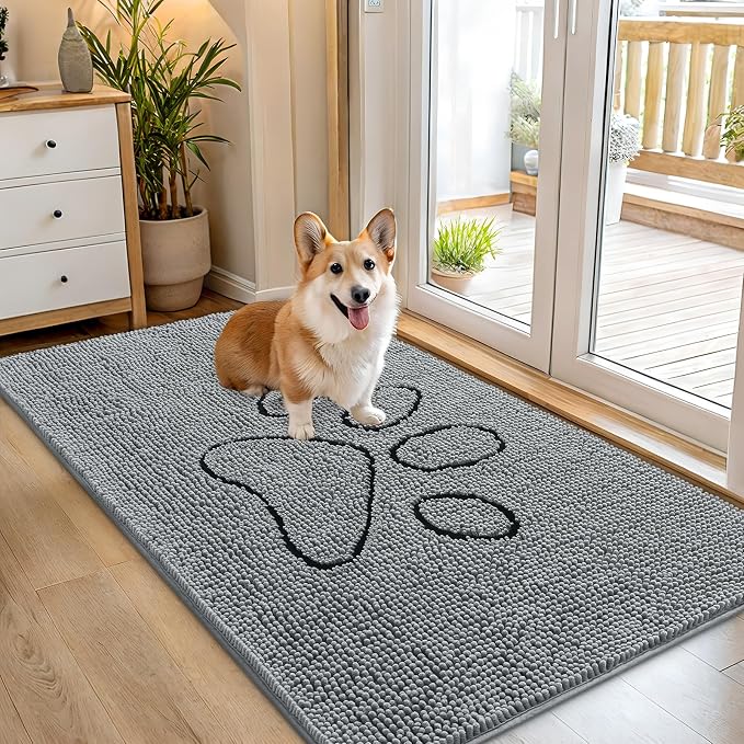 OLANLY Dog Door Mat for Muddy Paws 54x32, Paw Print Design Chenille Mud Mat | Grey, Super Absorbent, Traps Moisture and Dirt, Non-Slip Washable Doormat, Quick-Drying Indoor Entryway Floor Carpet for Dogs