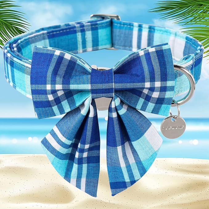 DOGWONG Cotton Blue Plaid Dog Collar, Cotton Dog Collar with Bow Cute Boy Dog Collar Puppy Necklace for Female Small Medium Large Dogs