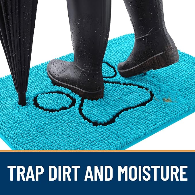 OLANLY Dog Door Mat for Muddy Paws 36x24, Paw Print Design Chenille Mud Mat | Aqua Blue, Absorbent, Traps Moisture and Dirt, Non-Slip Washable Doormat, Quick-Drying Indoor Entryway Floor Carpet for Dogs